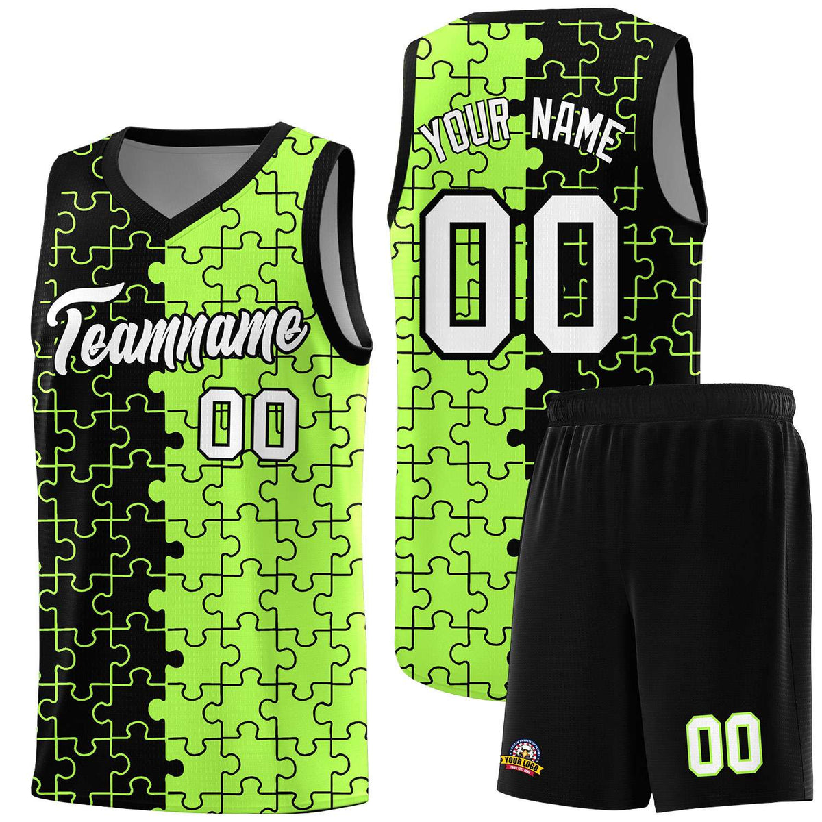 Custom Black Neon Green Splid Basketball Kits With Puzzle Pattern