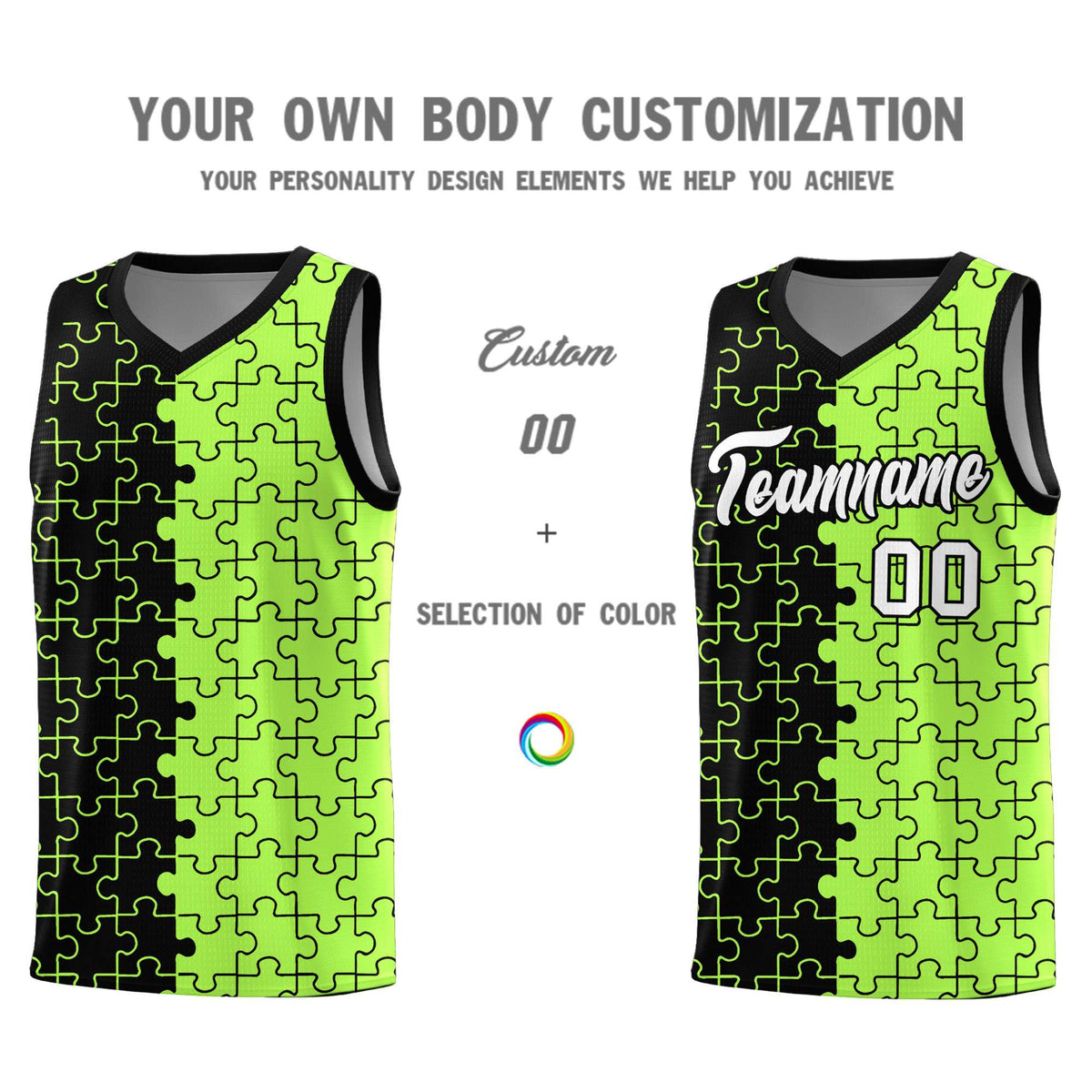 Custom Black Neon Green Splid Basketball Kits With Puzzle Pattern
