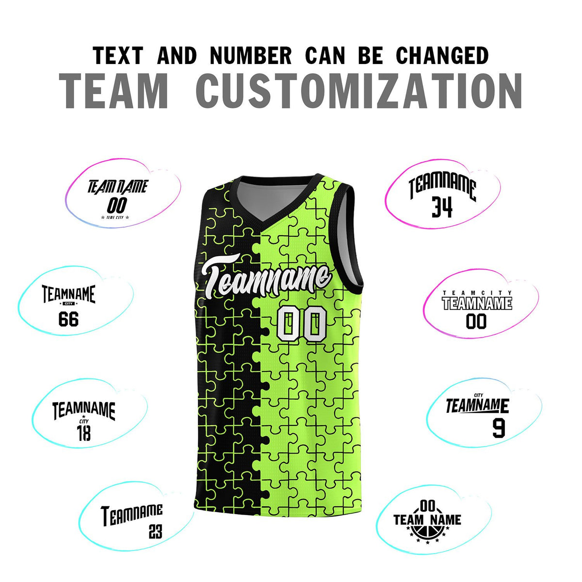 Custom Black Neon Green Splid Basketball Kits With Puzzle Pattern