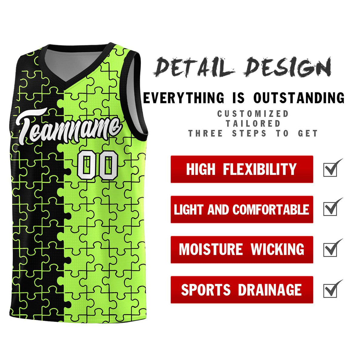 Custom Black Neon Green Splid Basketball Kits With Puzzle Pattern
