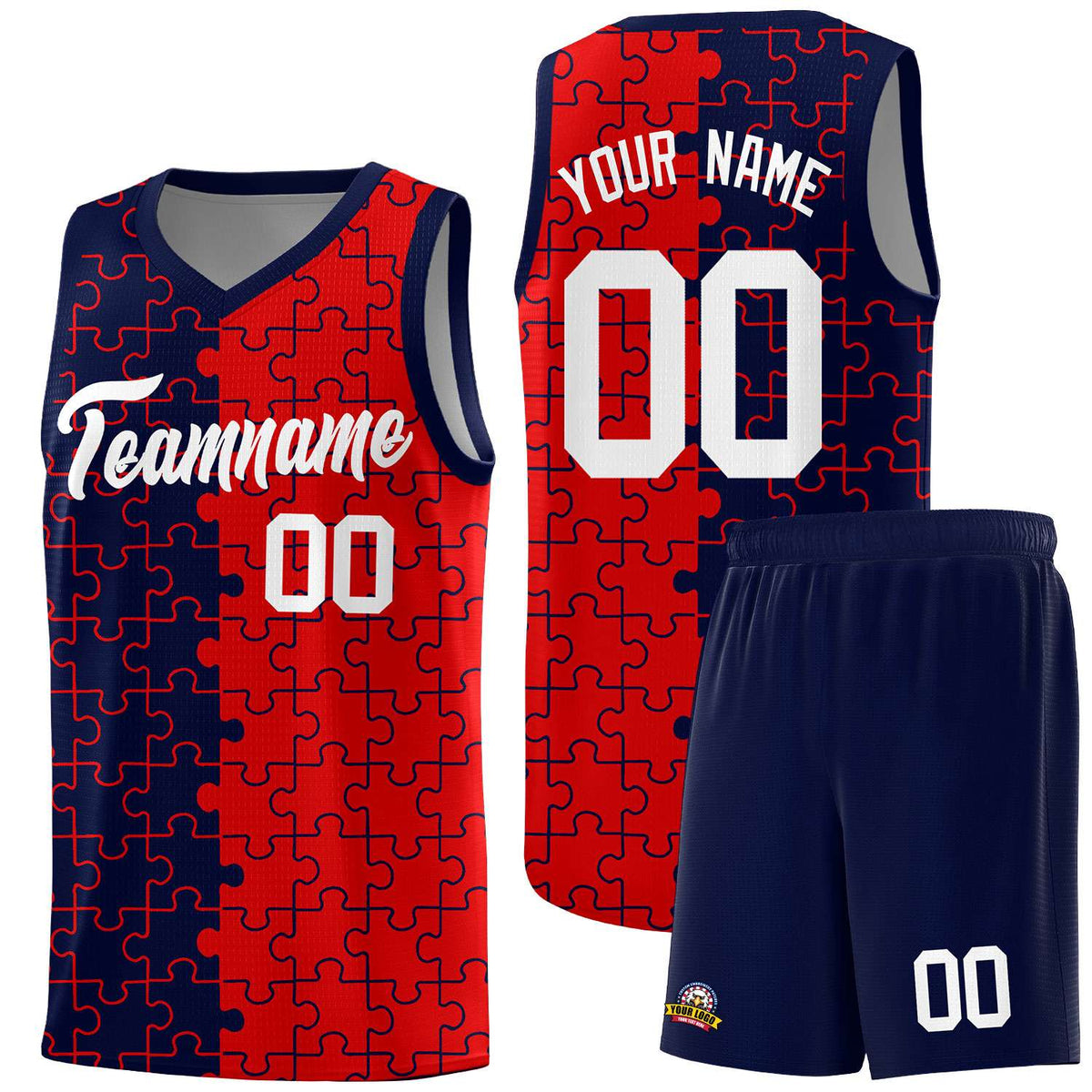 Custom Navy Red Splid Basketball Kits With Puzzle Pattern