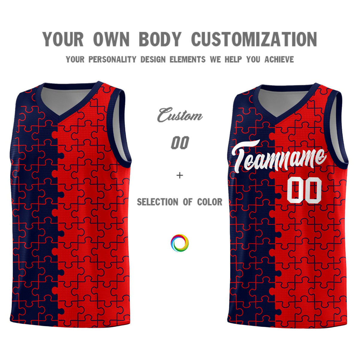 Custom Navy Red Splid Basketball Kits With Puzzle Pattern
