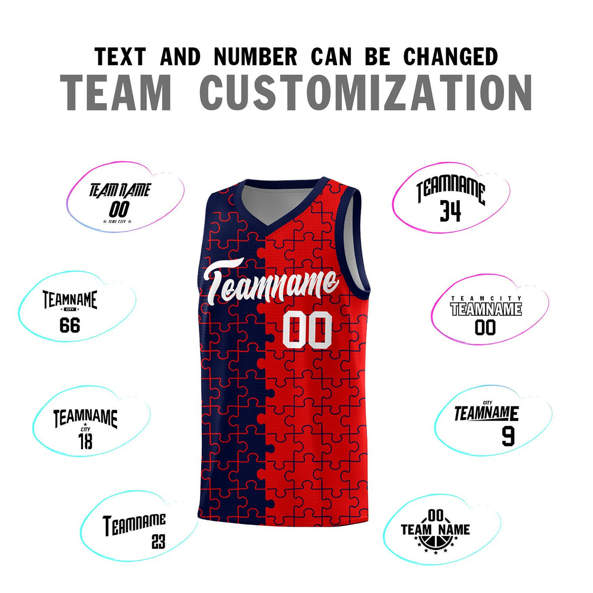 Custom Navy Red Splid Basketball Kits With Puzzle Pattern