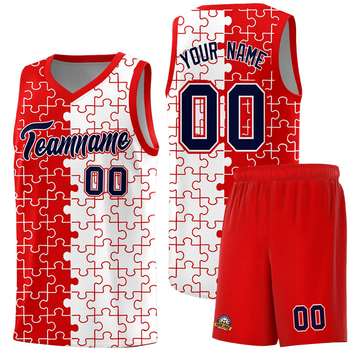 Custom Red White Splid Basketball Kits With Puzzle Pattern