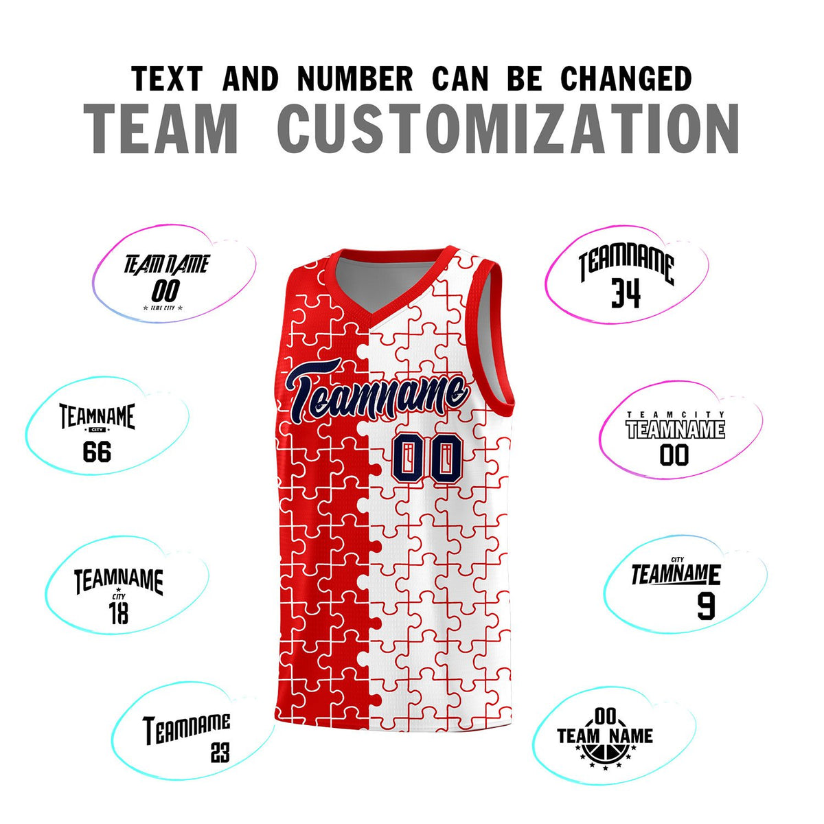Custom Red White Splid Basketball Kits With Puzzle Pattern