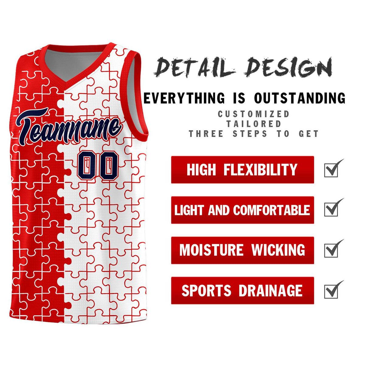 Custom Red White Splid Basketball Kits With Puzzle Pattern