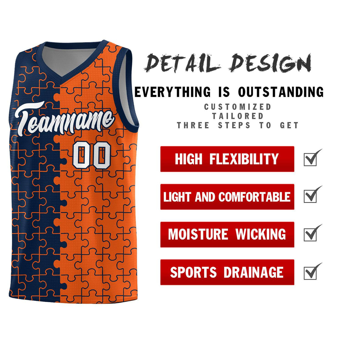 Custom Navy Orange Splid Basketball Kits With Puzzle Pattern