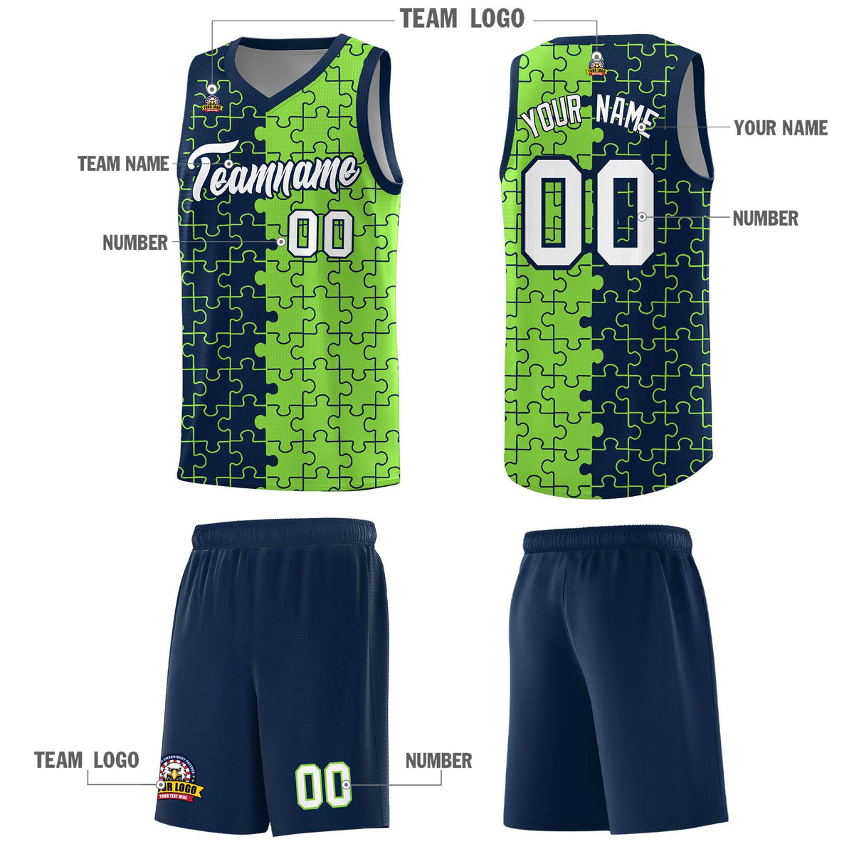 Custom Navy Neon Green Splid Basketball Kits With Puzzle Pattern