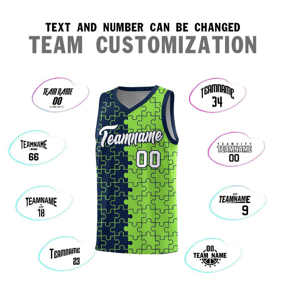 Custom Navy Neon Green Splid Basketball Kits With Puzzle Pattern