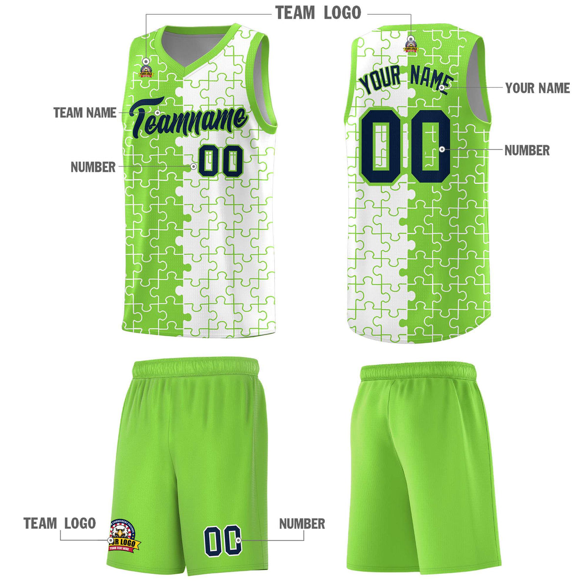 Custom Neon Green White Splid Basketball Kits With Puzzle Pattern