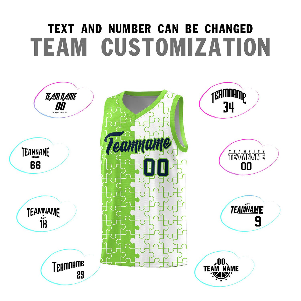 Custom Neon Green White Splid Basketball Kits With Puzzle Pattern