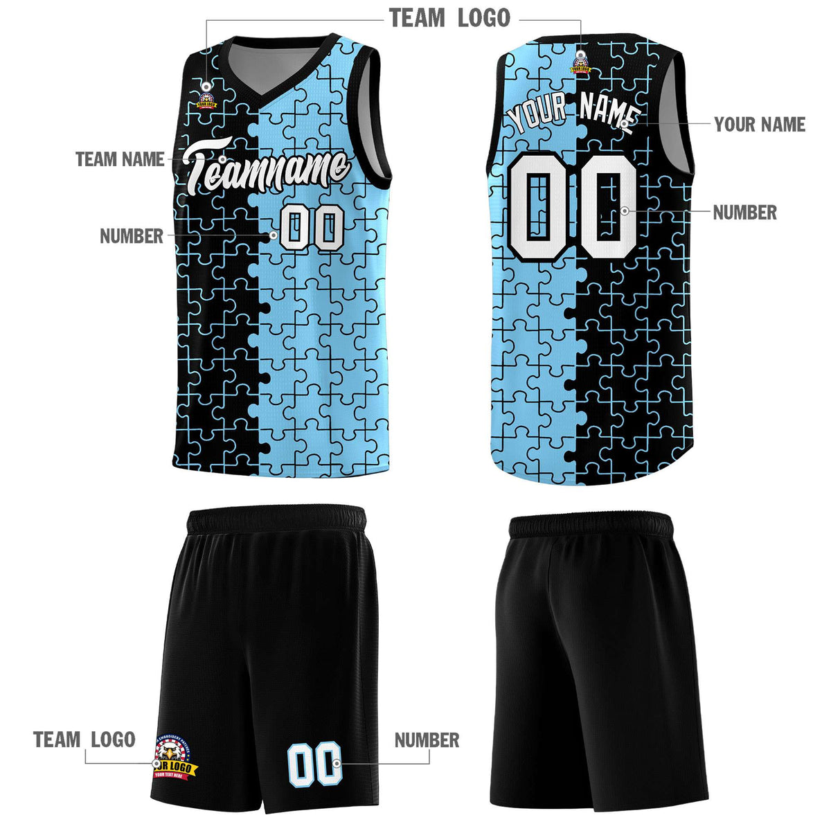Custom Black Powder Blue Splid Basketball Kits With Puzzle Pattern