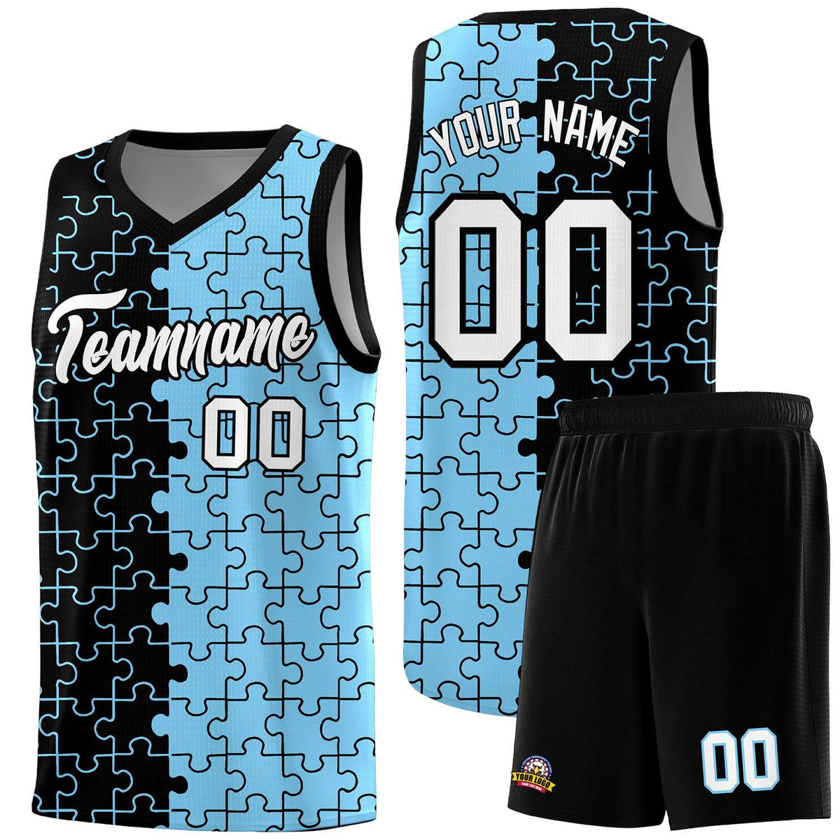 Custom Black Powder Blue Splid Basketball Kits With Puzzle Pattern