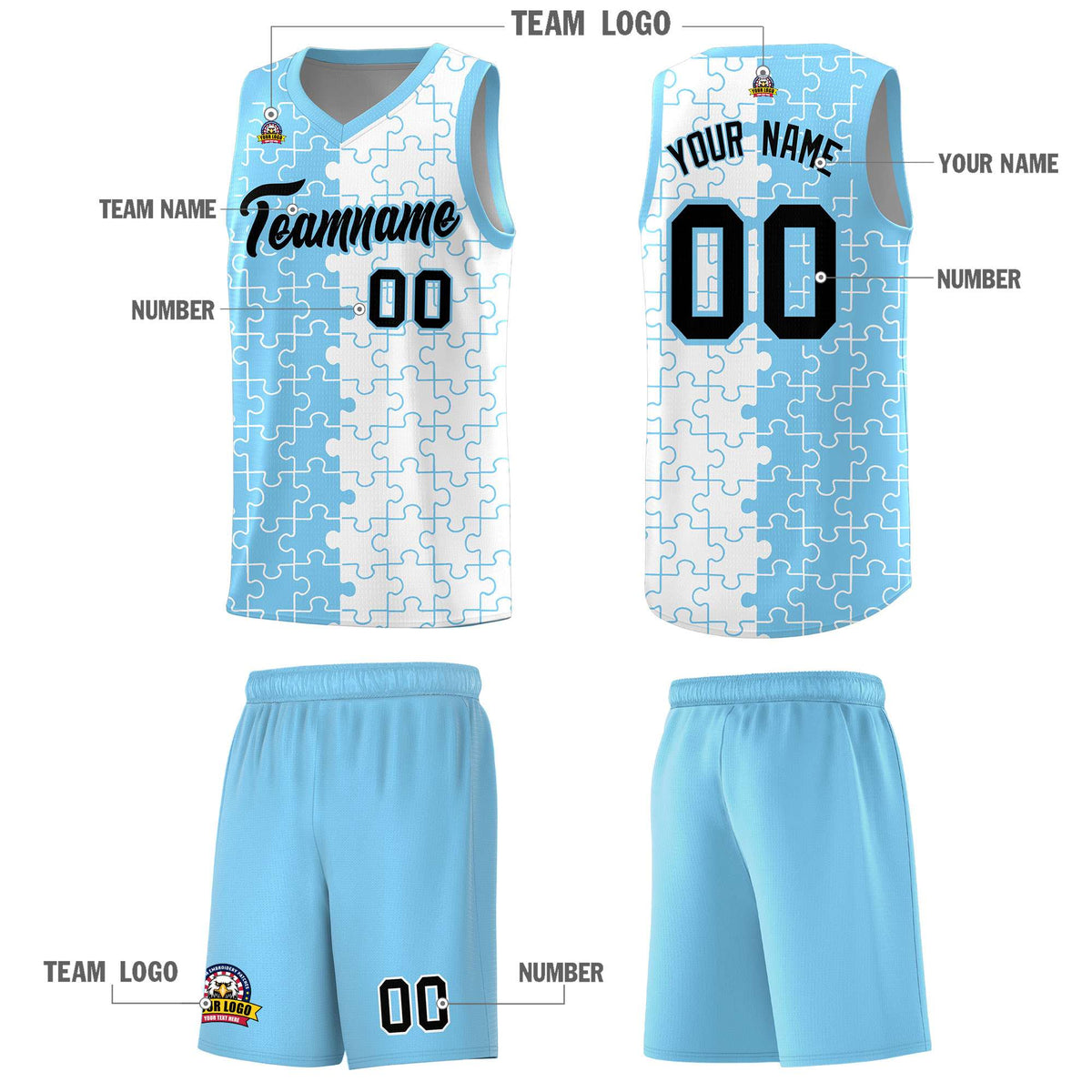 Custom Powder Blue White Splid Basketball Kits With Puzzle Pattern