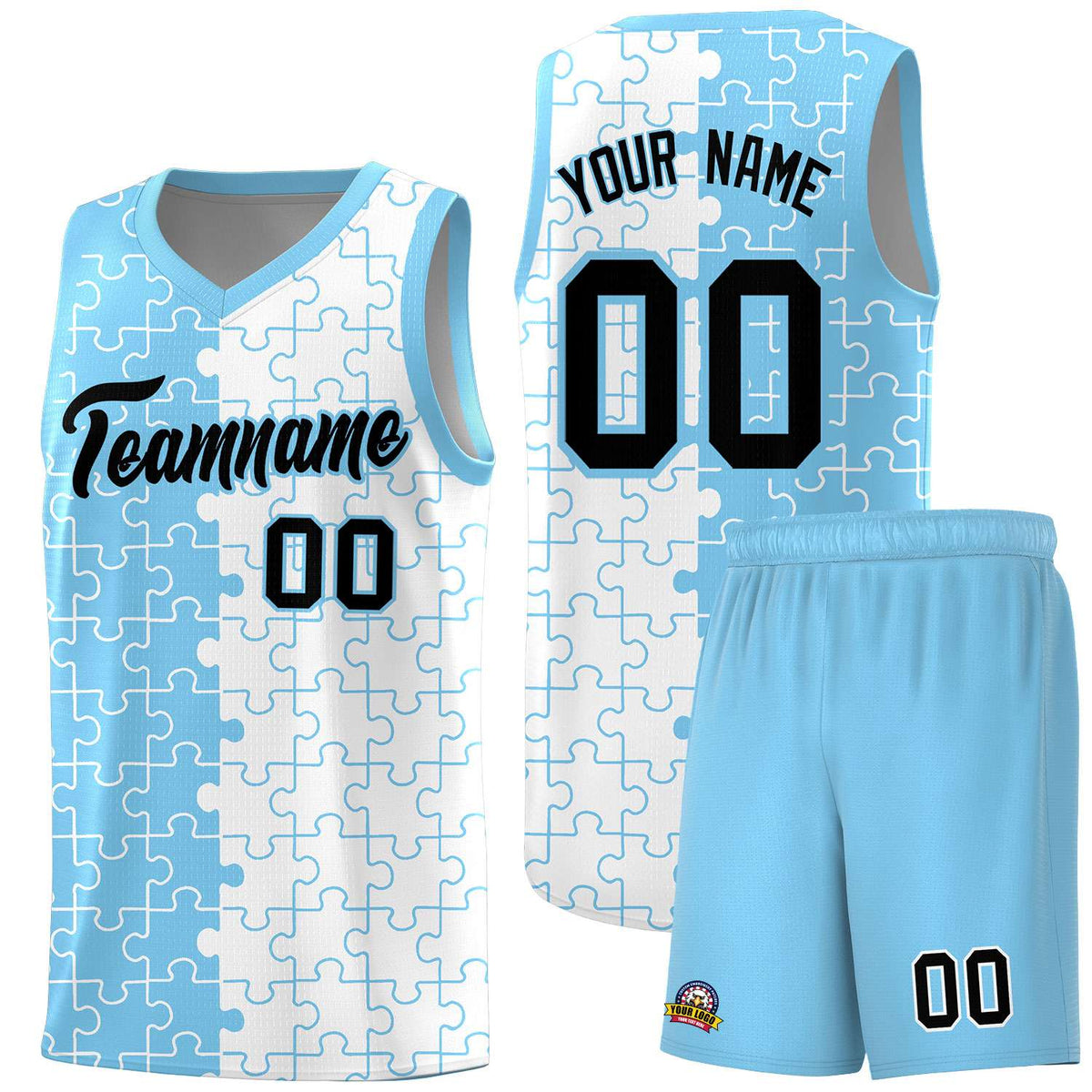 Custom Powder Blue White Splid Basketball Kits With Puzzle Pattern