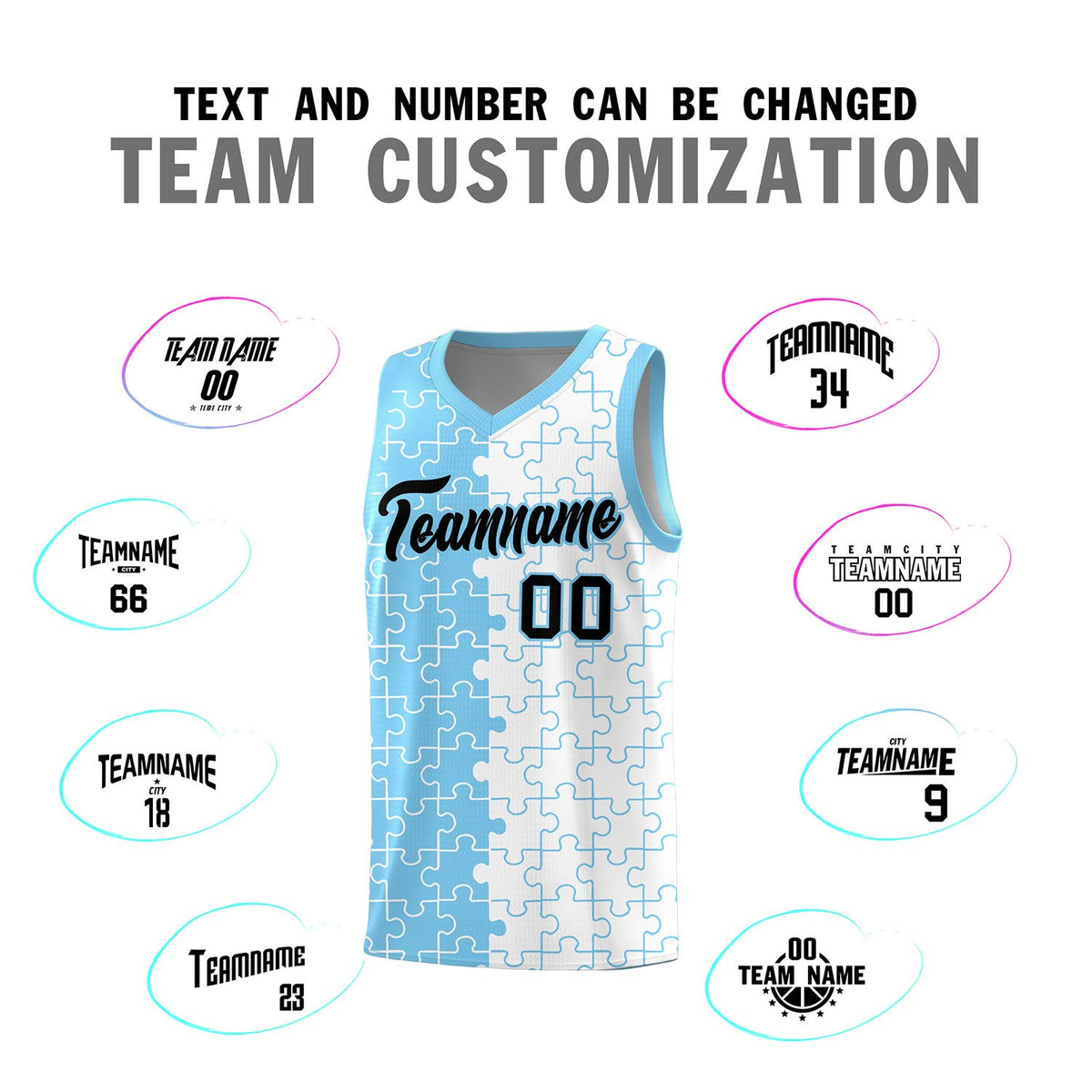 Custom Powder Blue White Splid Basketball Kits With Puzzle Pattern