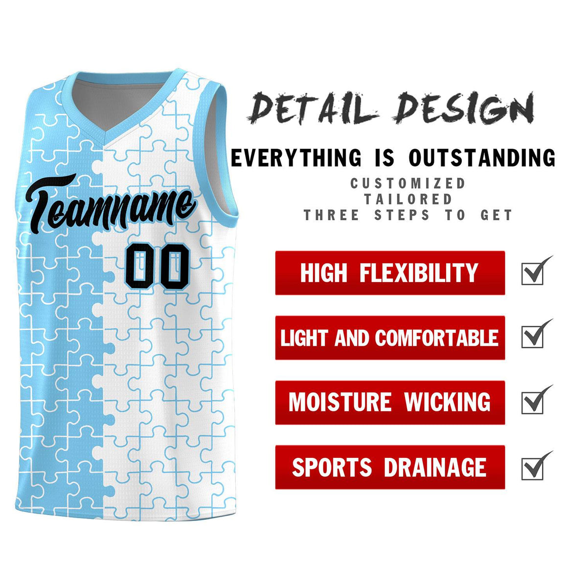 Custom Powder Blue White Splid Basketball Kits With Puzzle Pattern