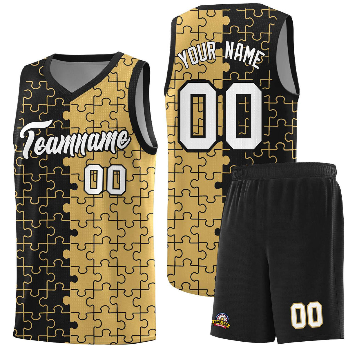 Custom Black Old Gold Splid Basketball Kits With Puzzle Pattern