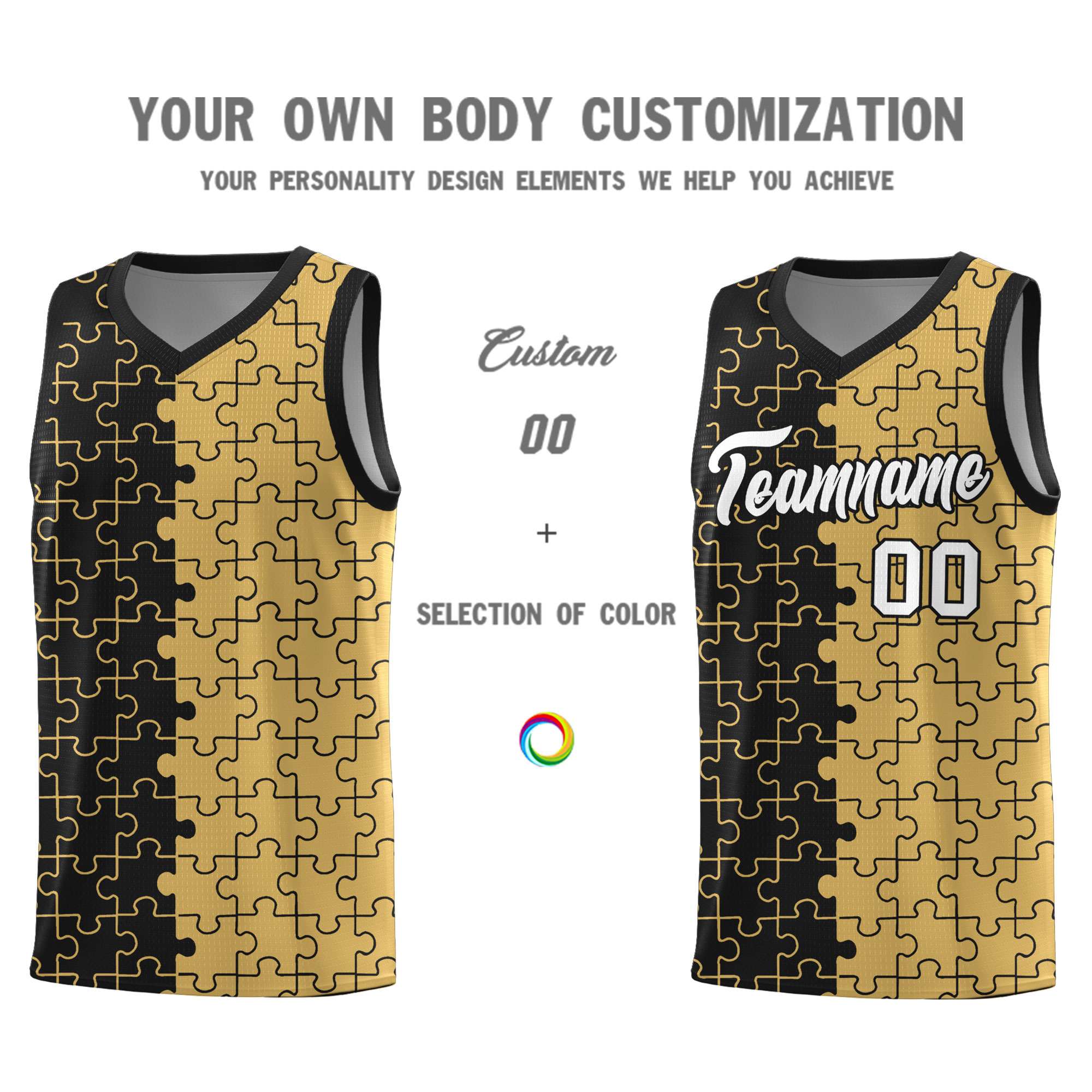 Custom Black Old Gold Splid Basketball Kits With Puzzle Pattern