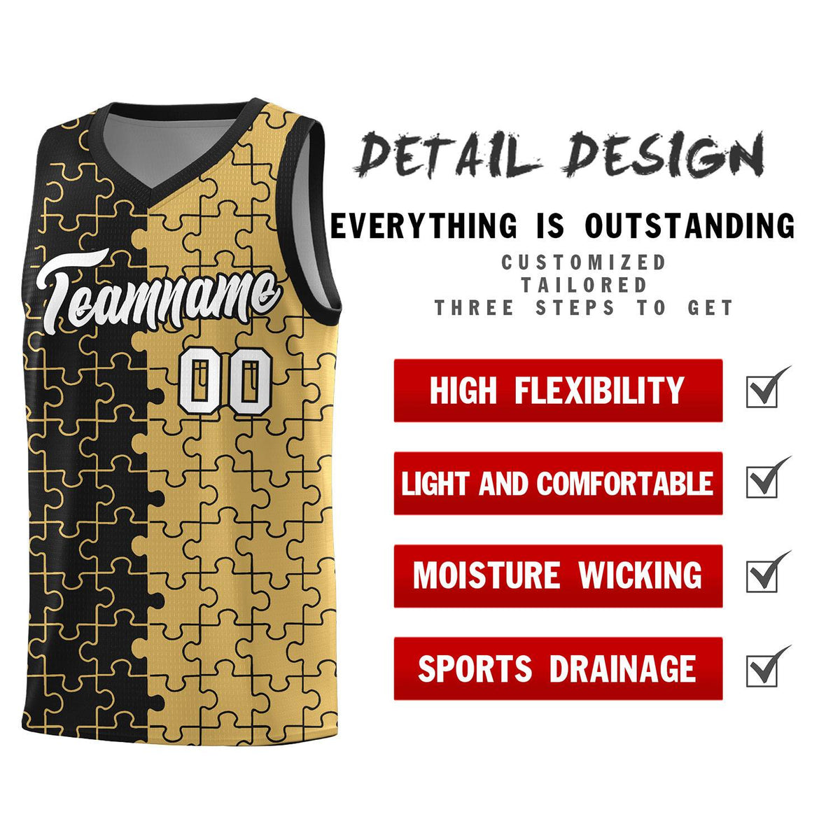 Custom Black Old Gold Splid Basketball Kits With Puzzle Pattern