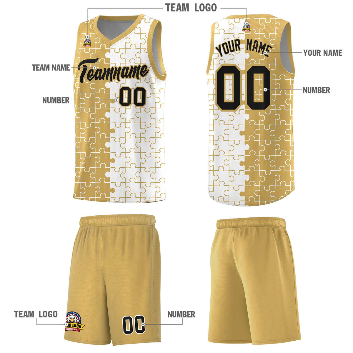 Custom Old Gold White Splid Basketball Kits With Puzzle Pattern