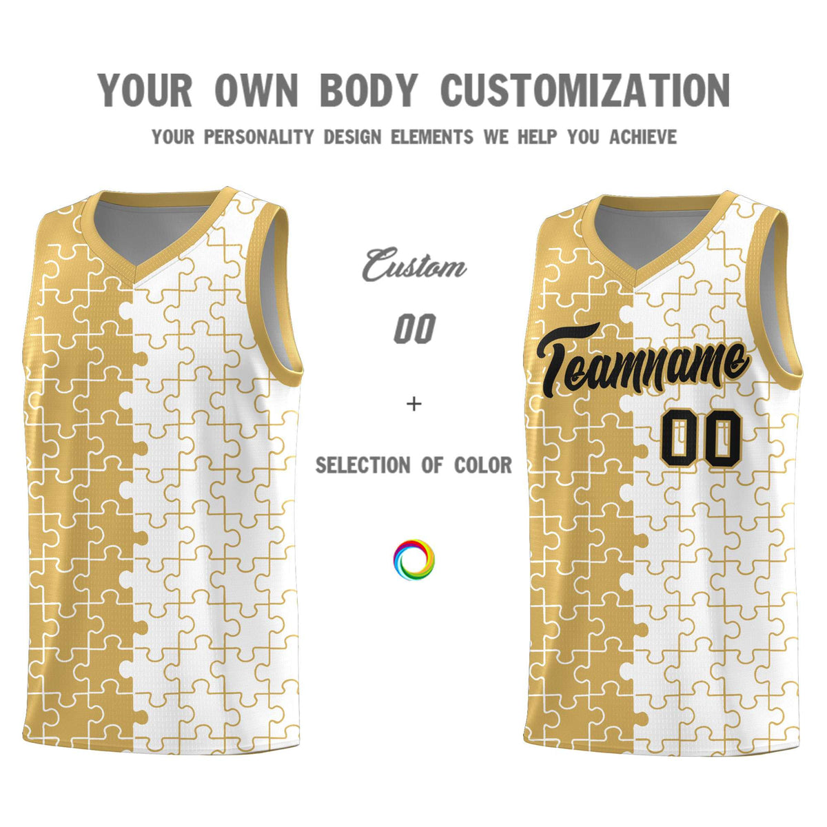 Custom Old Gold White Splid Basketball Kits With Puzzle Pattern
