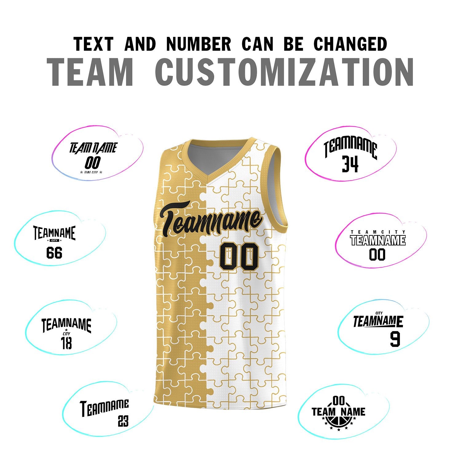 Custom Old Gold White Splid Basketball Kits With Puzzle Pattern