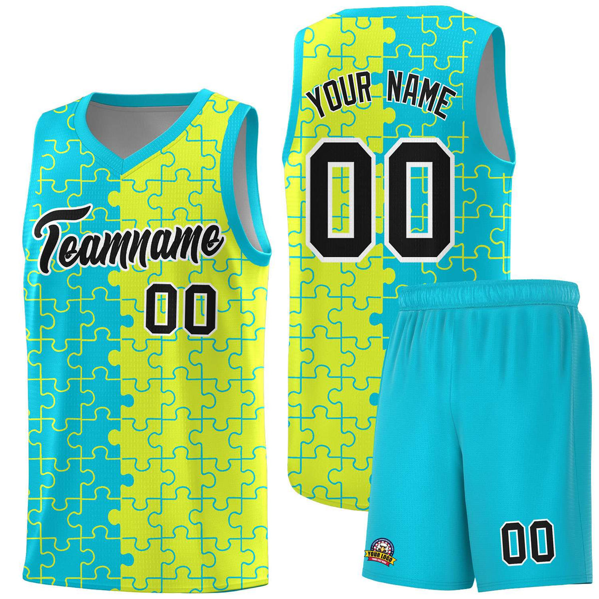 Custom Sky Blue Fluorescent Green Splid Basketball Kits With Puzzle Pattern