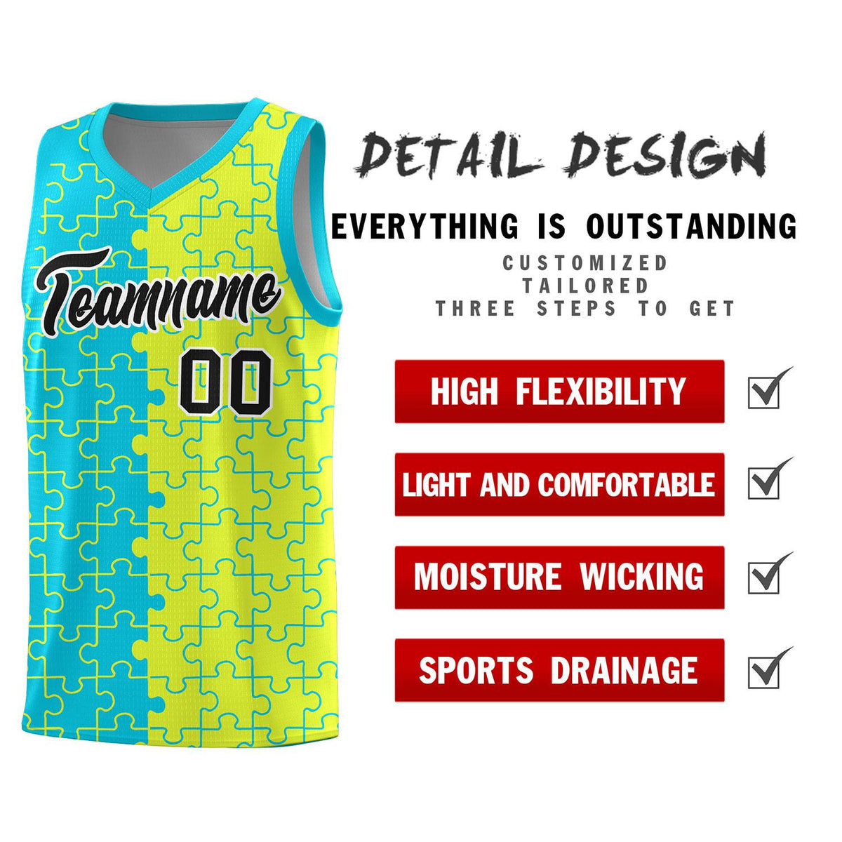 Custom Sky Blue Fluorescent Green Splid Basketball Kits With Puzzle Pattern