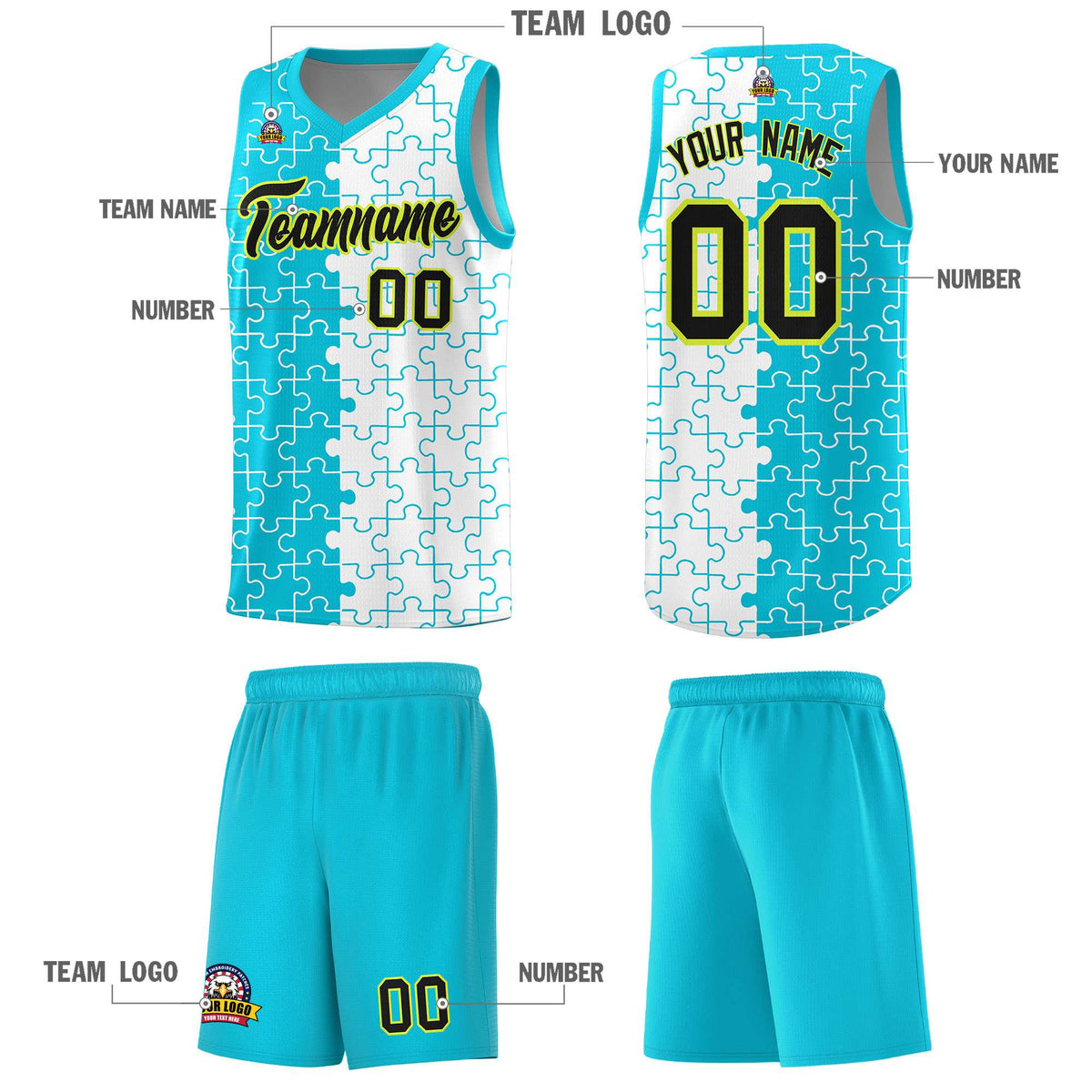 Custom Sky Blue White Splid Basketball Kits With Puzzle Pattern