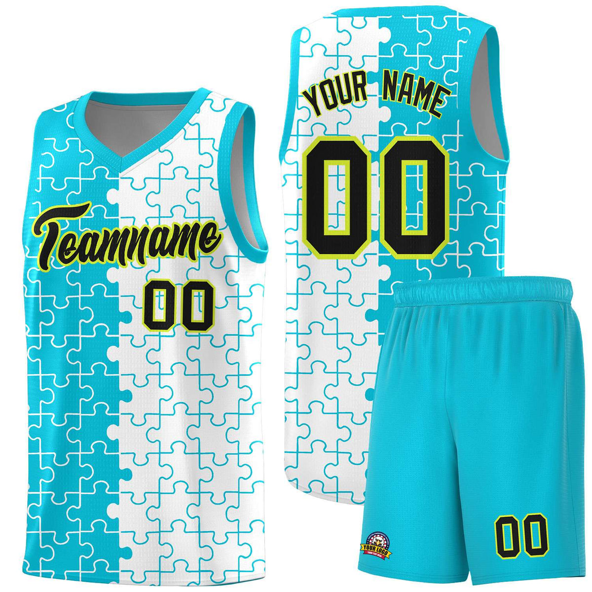 Custom Sky Blue White Splid Basketball Kits With Puzzle Pattern