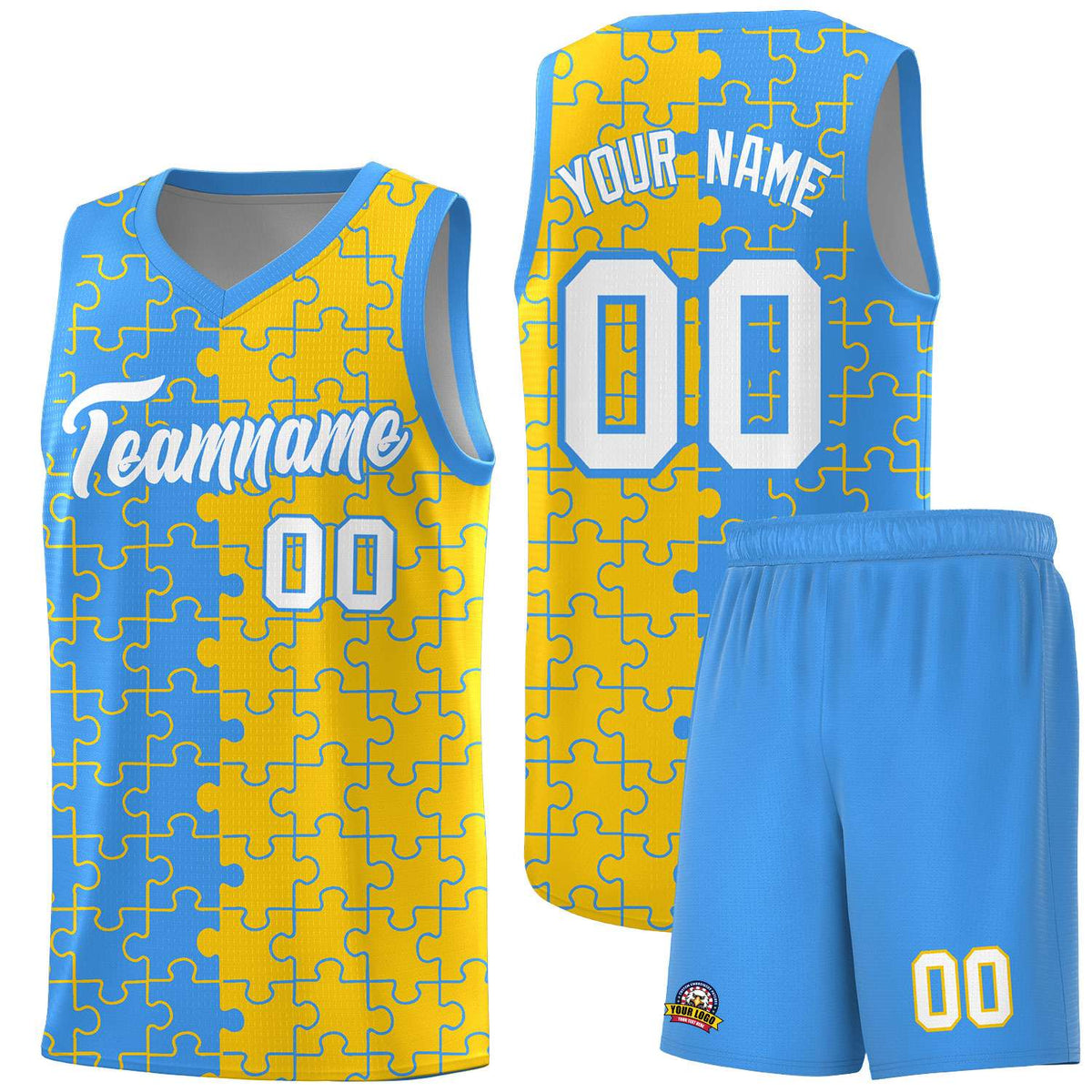 Custom Light Blue Gold Splid Basketball Kits With Puzzle Pattern