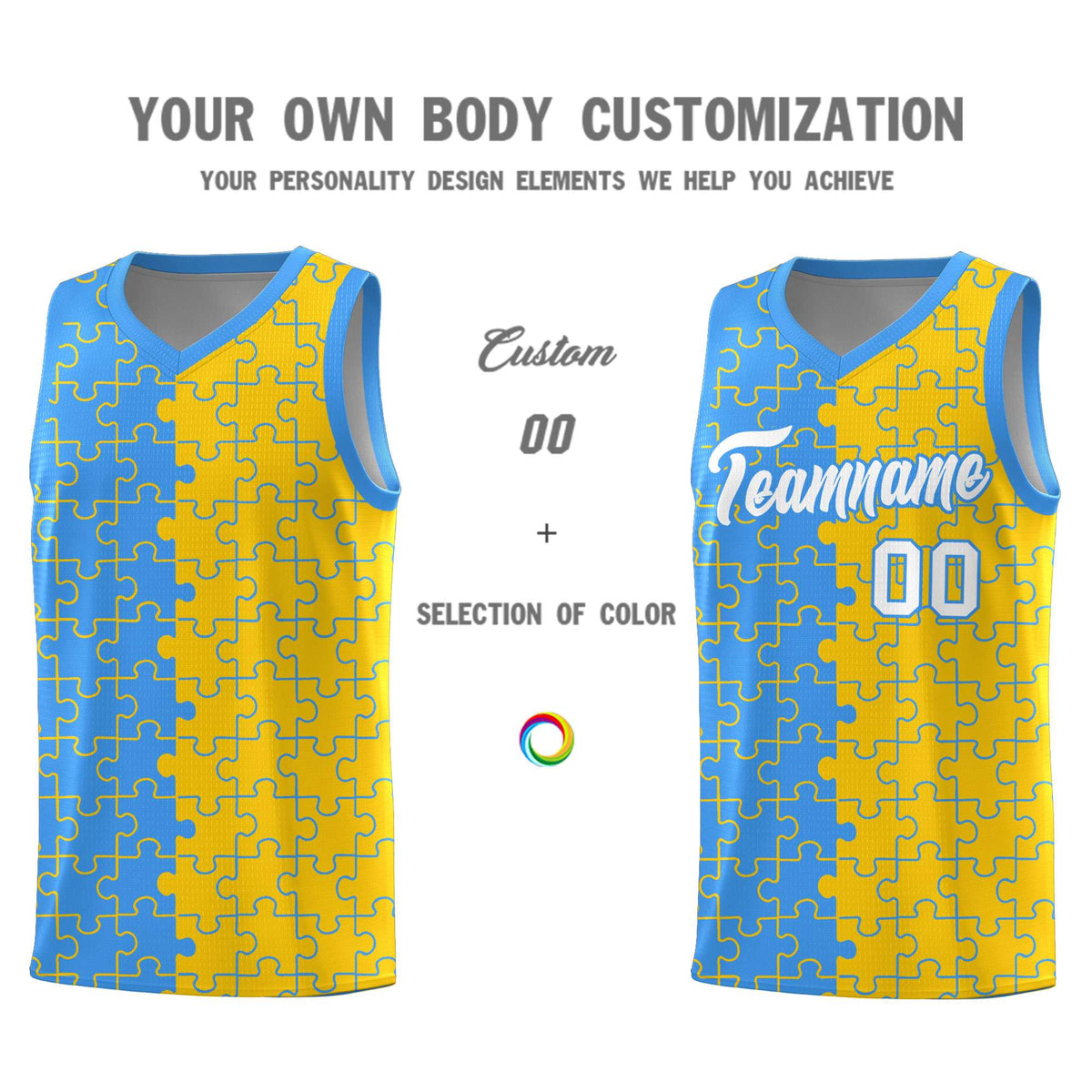 Custom Light Blue Gold Splid Basketball Kits With Puzzle Pattern