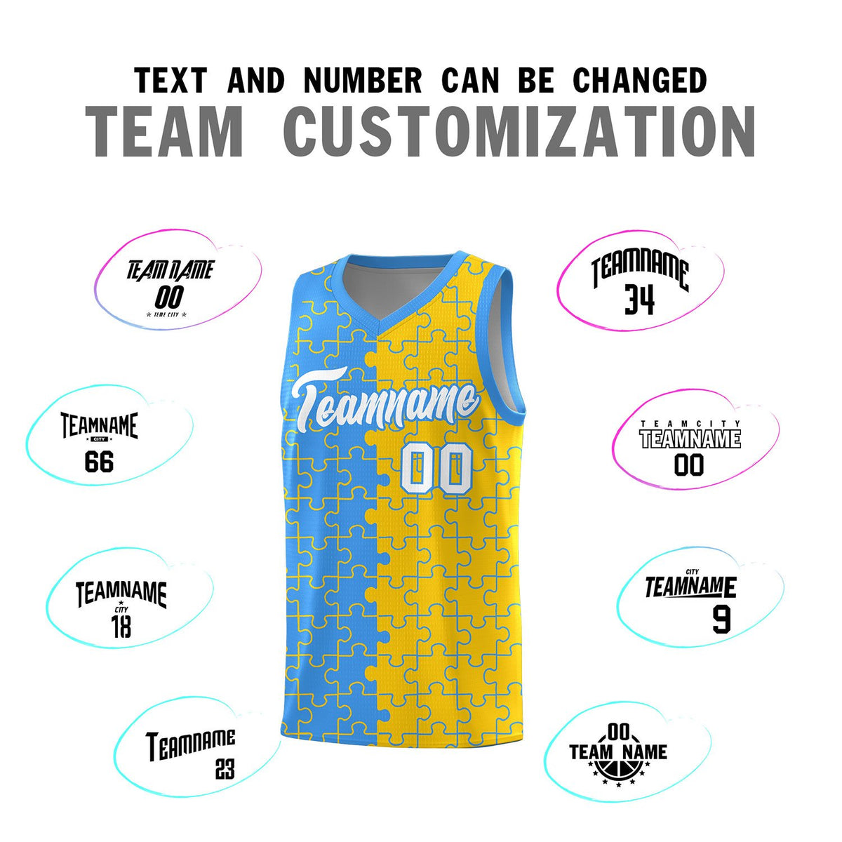 Custom Light Blue Gold Splid Basketball Kits With Puzzle Pattern