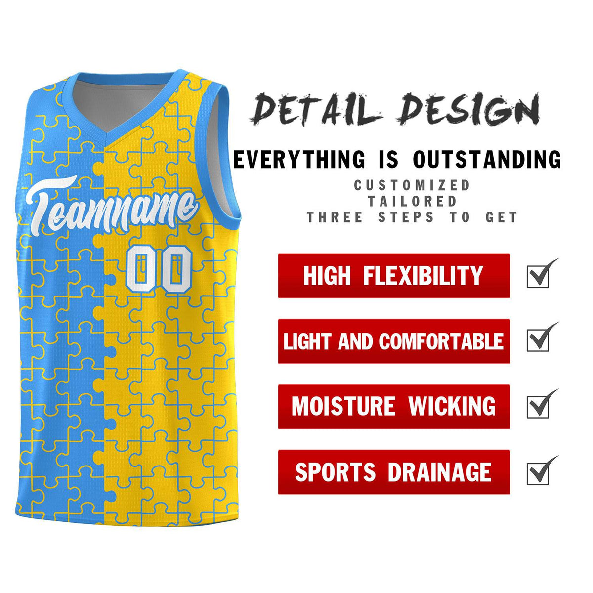Custom Light Blue Gold Splid Basketball Kits With Puzzle Pattern