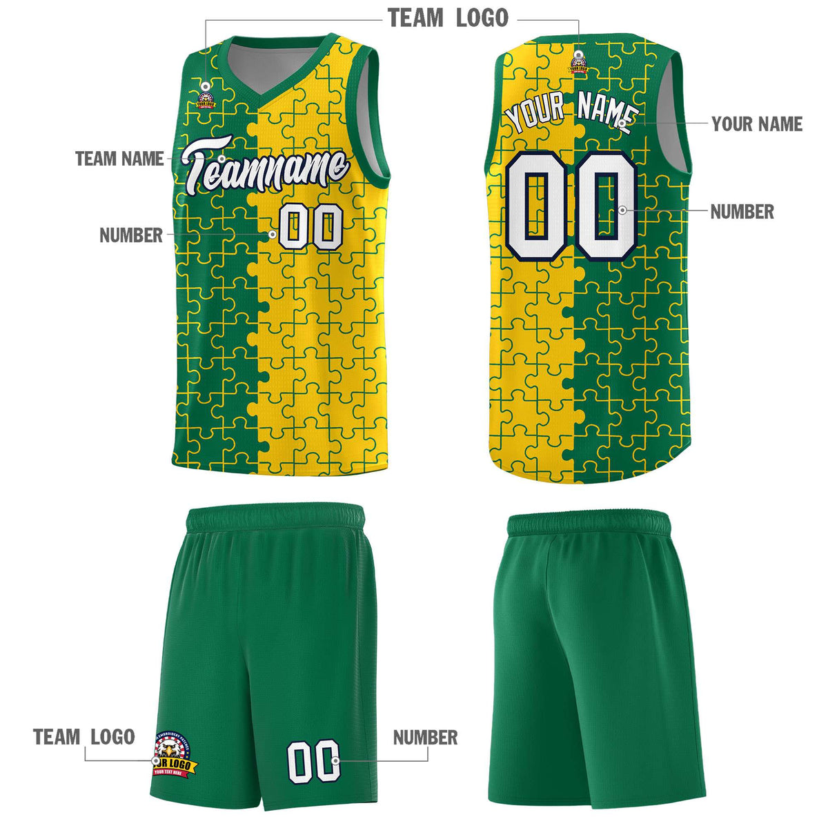 Custom Kelly Green Gold Splid Basketball Kits With Puzzle Pattern