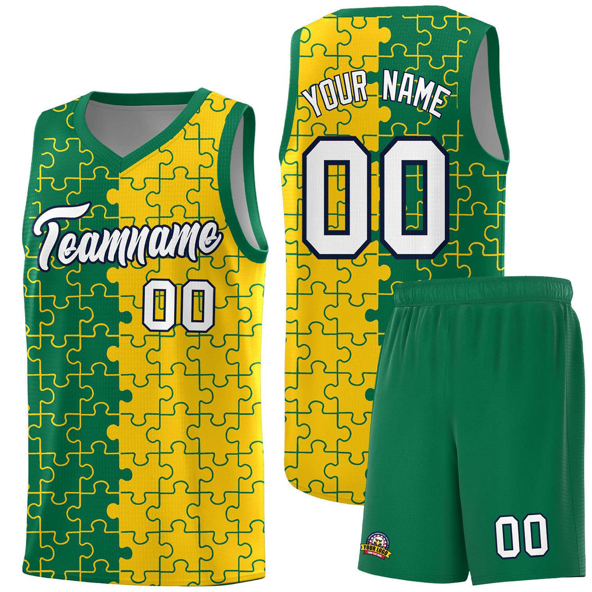 Custom Kelly Green Gold Splid Basketball Kits With Puzzle Pattern