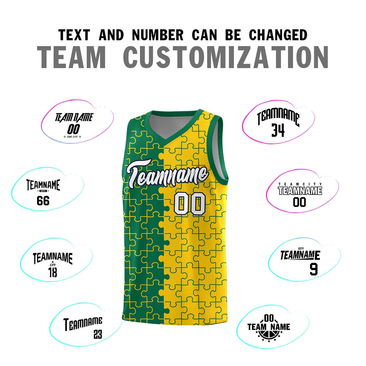 Custom Kelly Green Gold Splid Basketball Kits With Puzzle Pattern