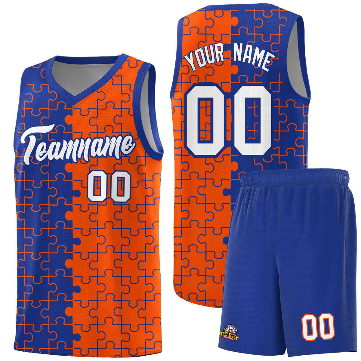 Custom Royal Orange Splid Basketball Kits With Puzzle Pattern