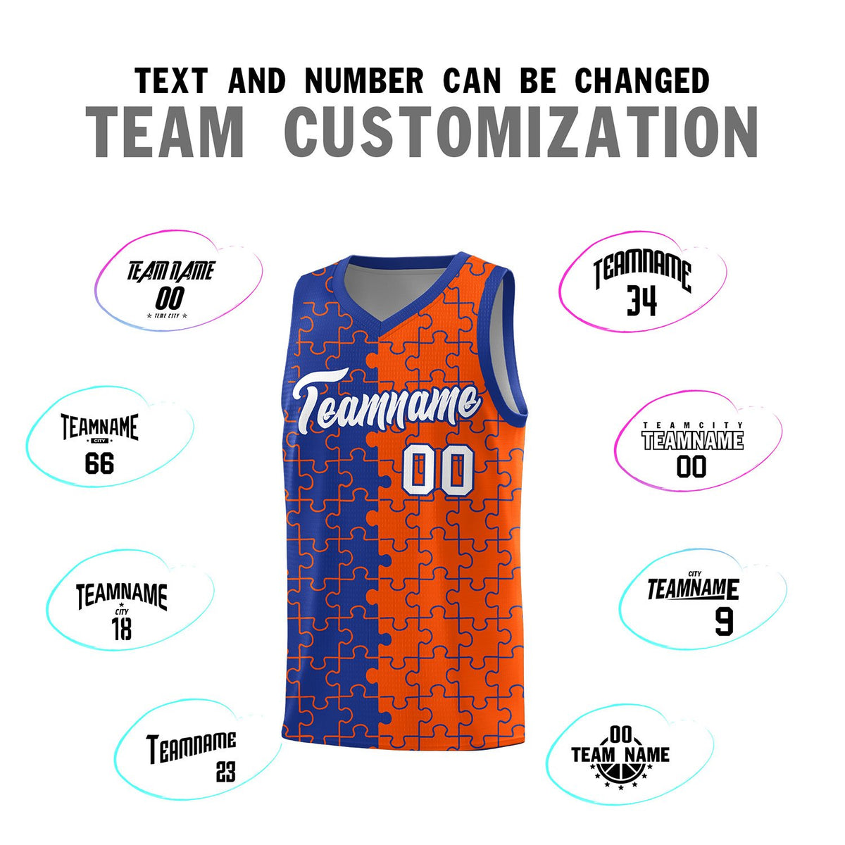 Custom Royal Orange Splid Basketball Kits With Puzzle Pattern