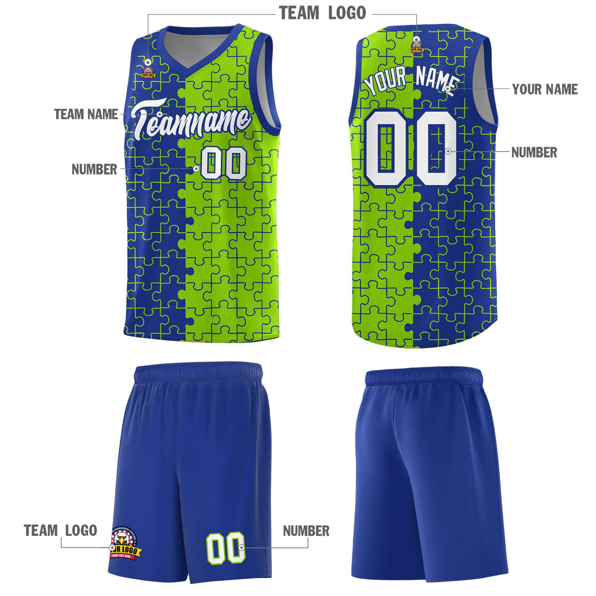 Custom Royal Neon Green Splid Basketball Kits With Puzzle Pattern