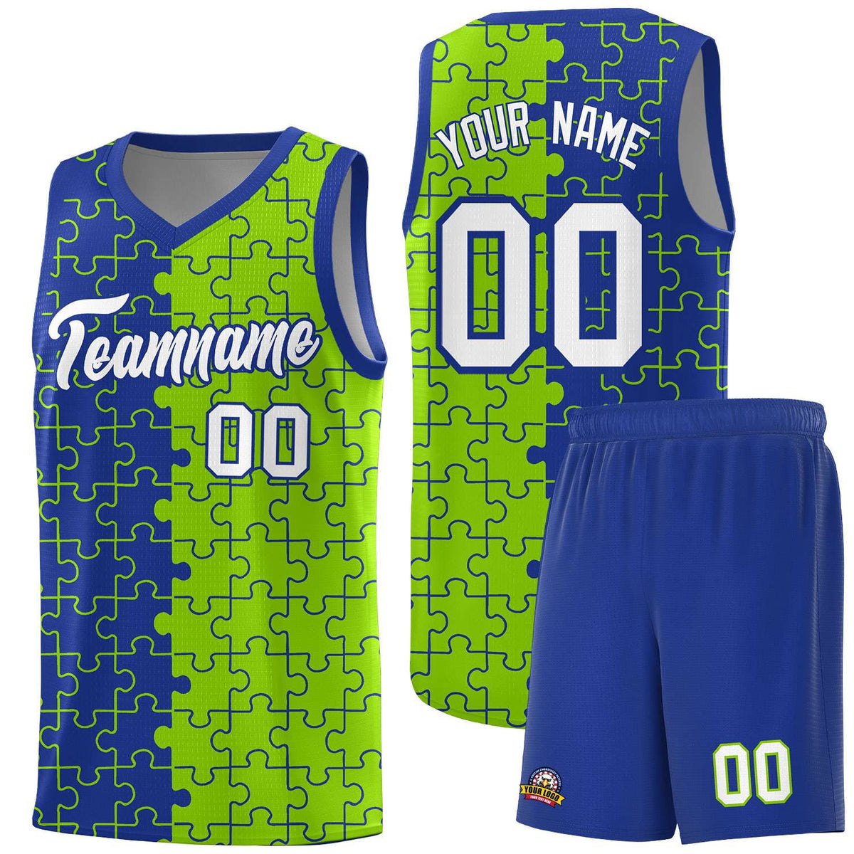 Custom Royal Neon Green Splid Basketball Kits With Puzzle Pattern