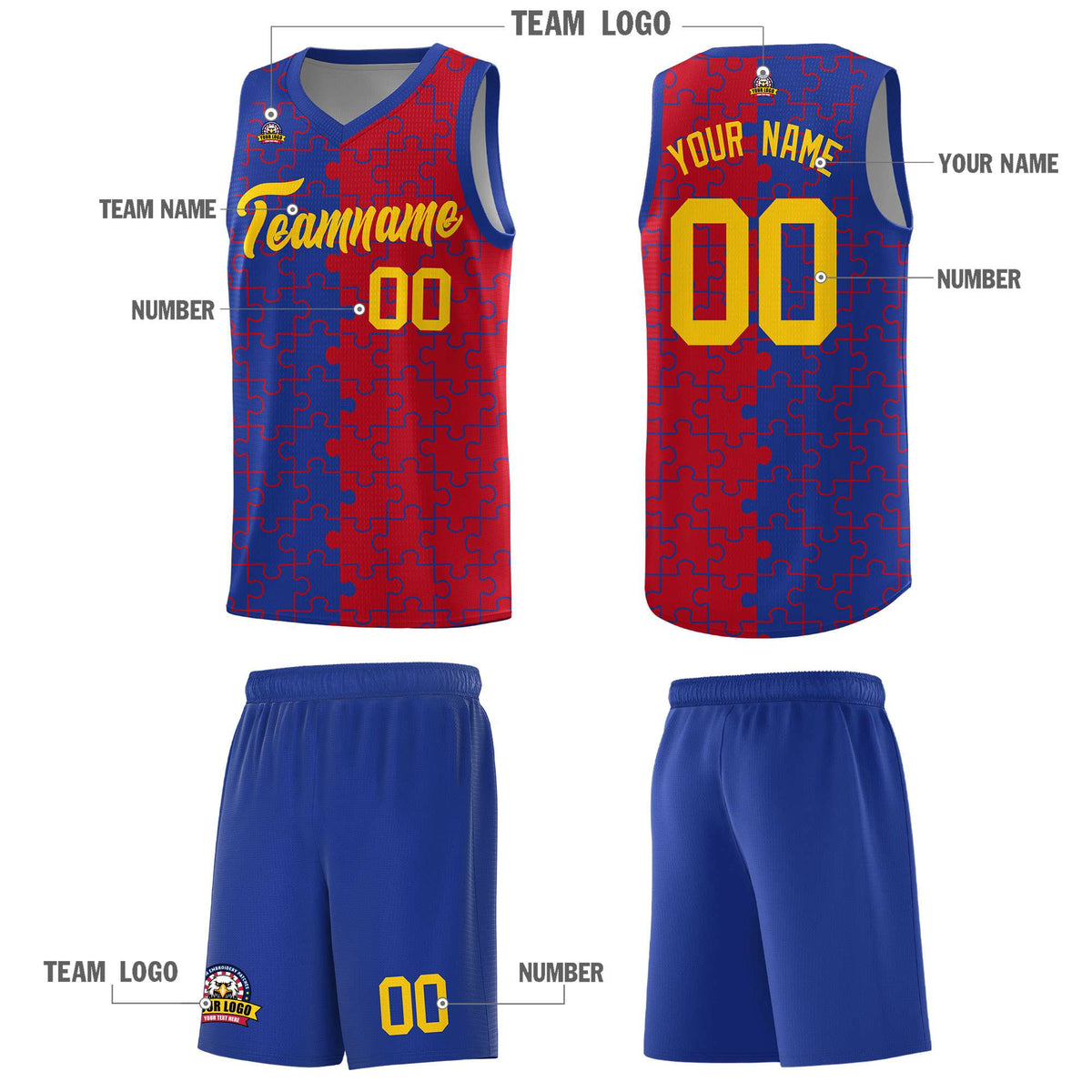 Custom Royal Red Splid Basketball Kits With Puzzle Pattern