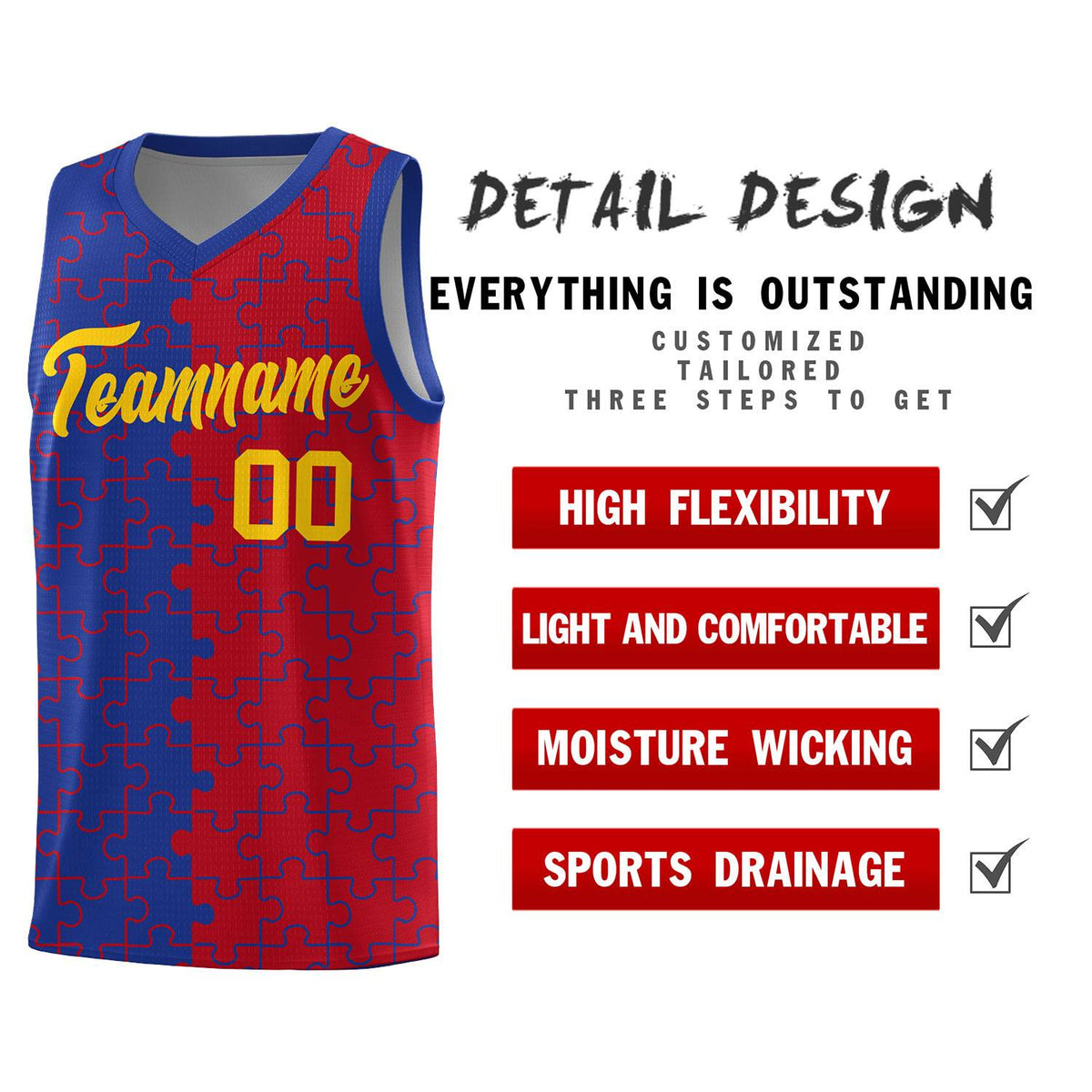 Custom Royal Red Splid Basketball Kits With Puzzle Pattern