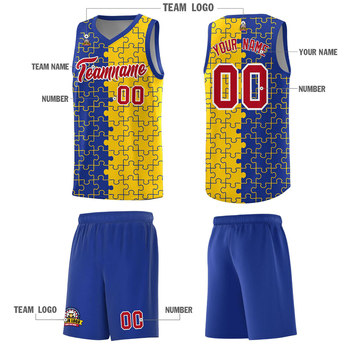 Custom Royal Gold Splid Basketball Kits With Puzzle Pattern