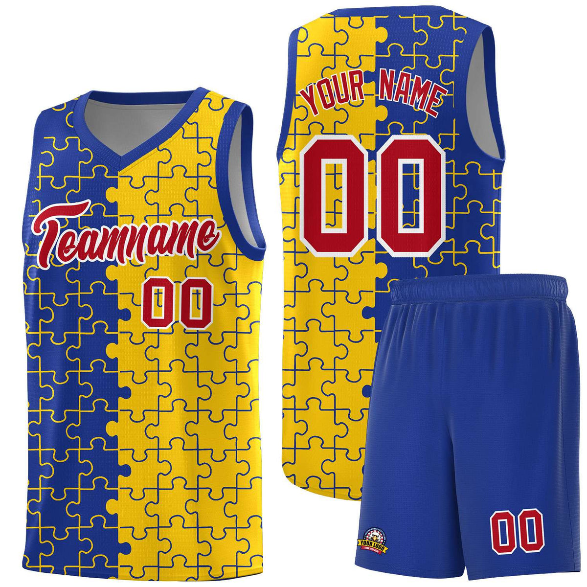 Custom Royal Gold Splid Basketball Kits With Puzzle Pattern