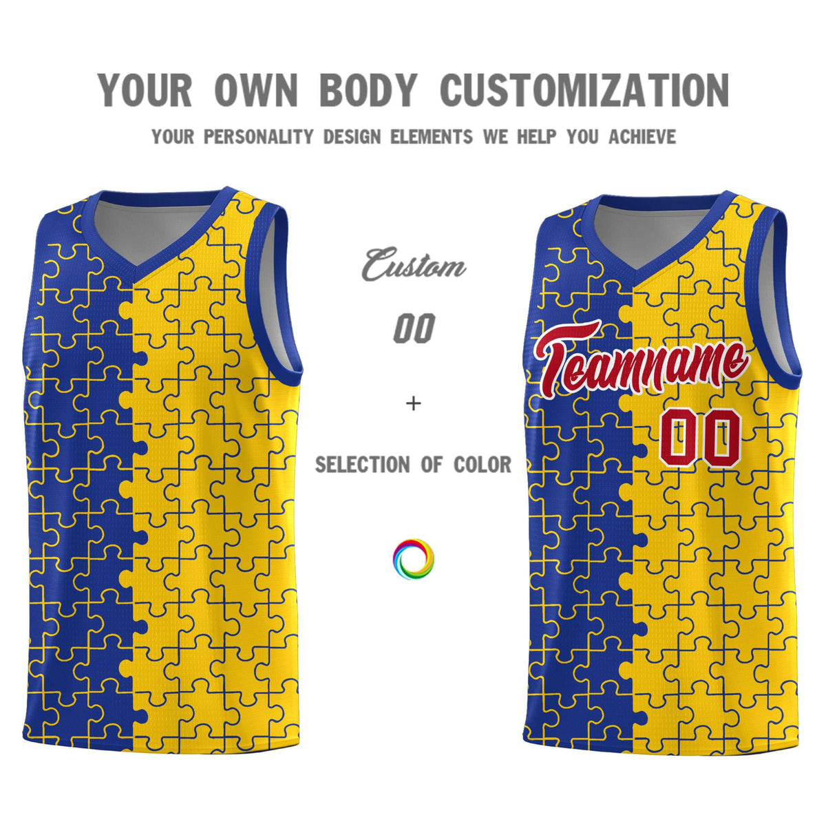 Custom Royal Gold Splid Basketball Kits With Puzzle Pattern