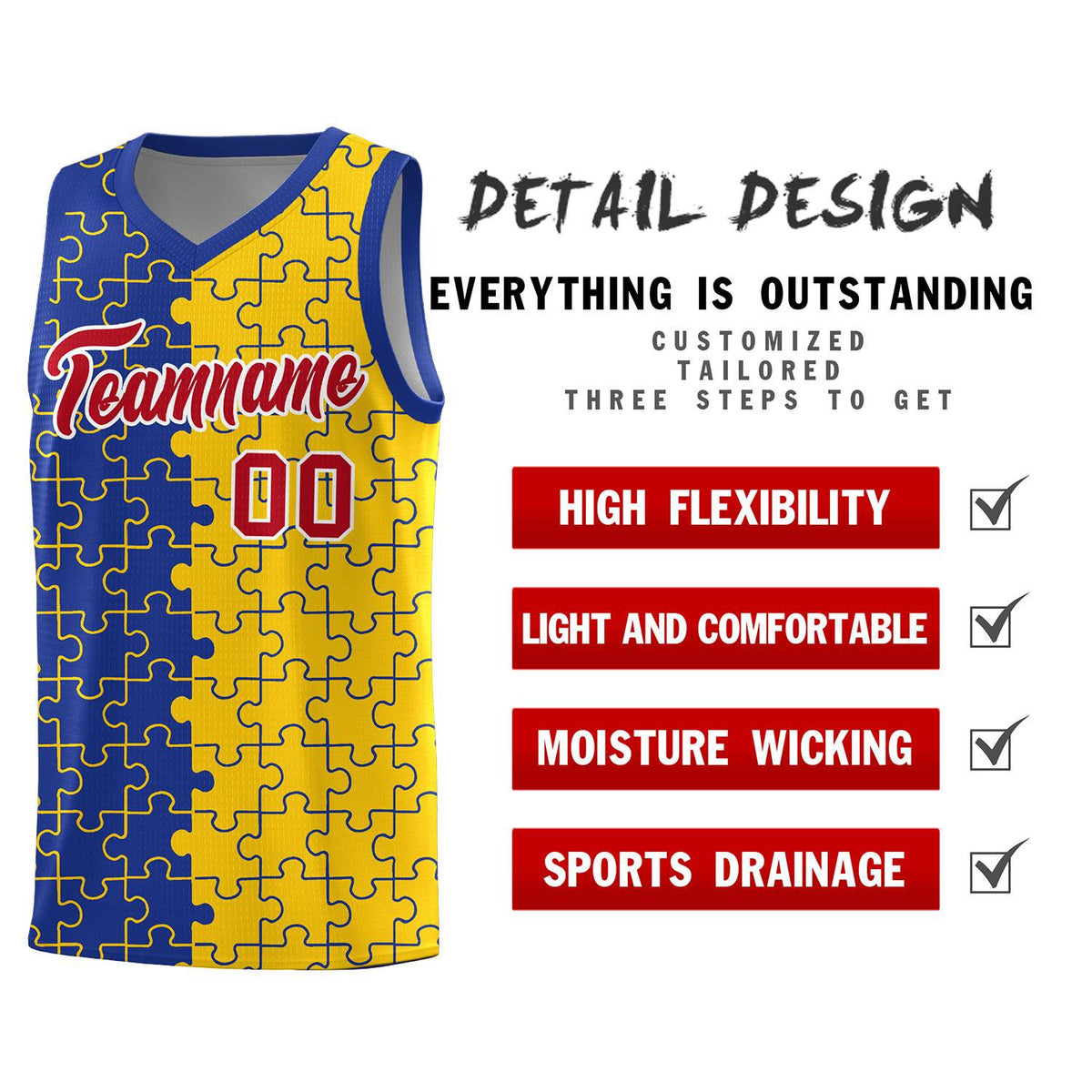 Custom Royal Gold Splid Basketball Kits With Puzzle Pattern