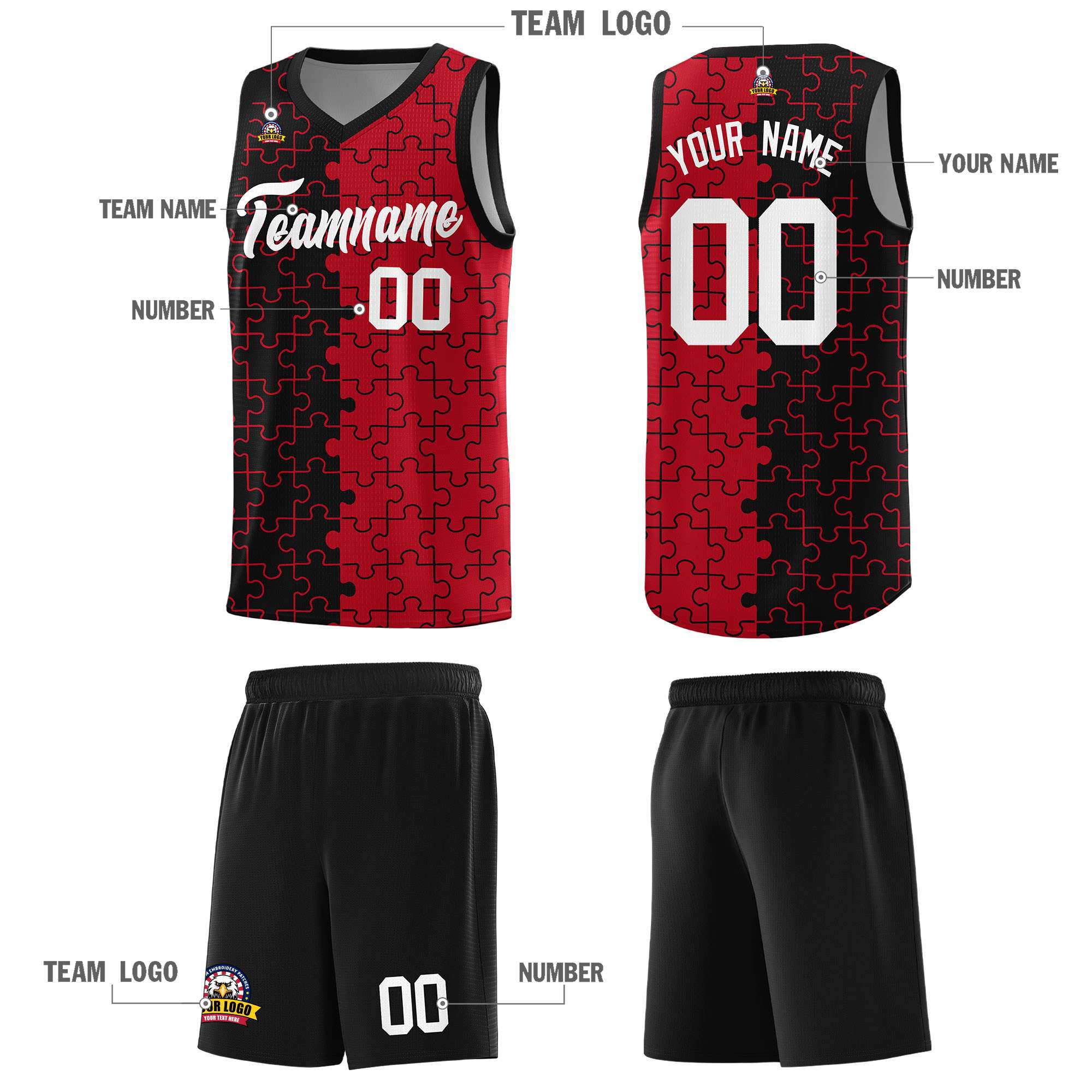 Custom Black Red Splid Basketball Kits With Puzzle Pattern