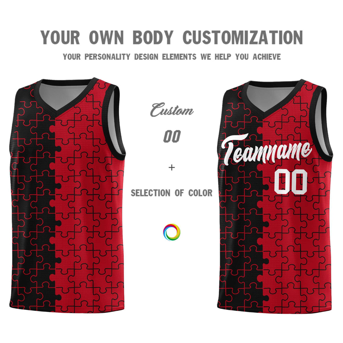 Custom Black Red Splid Basketball Kits With Puzzle Pattern